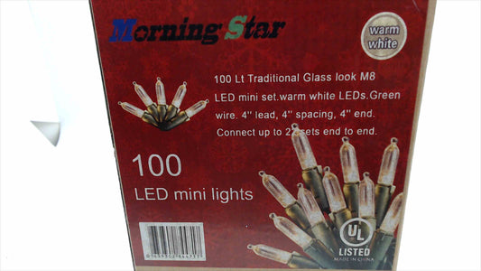 Morning Star 100-LED Mini String Lights – Warm White, Green Wire – New (Open Box)