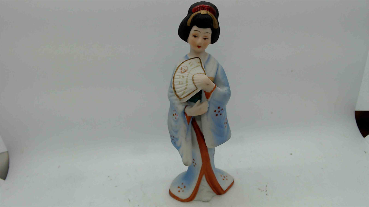 Vintage UGC Taiwan Geisha Figurine w/ Fan – Hand-Painted Blue Kimono – 7" Tall