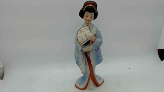 Vintage UGC Taiwan Geisha Figurine w/ Fan – Hand-Painted Blue Kimono – 7" Tall