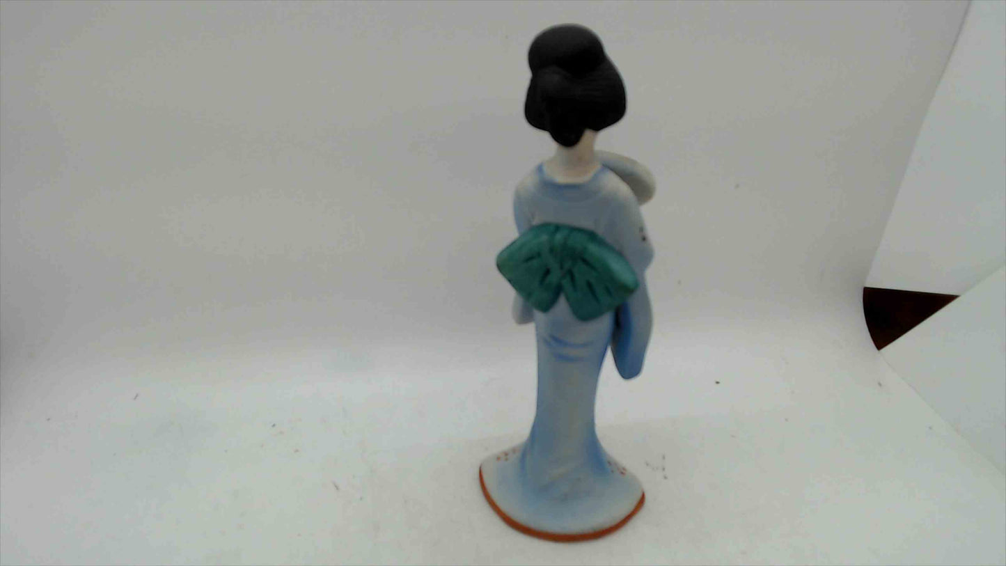 Vintage UGC Taiwan Geisha Figurine w/ Fan – Hand-Painted Blue Kimono – 7" Tall