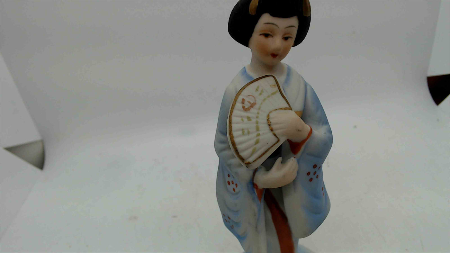 Vintage UGC Taiwan Geisha Figurine w/ Fan – Hand-Painted Blue Kimono – 7" Tall