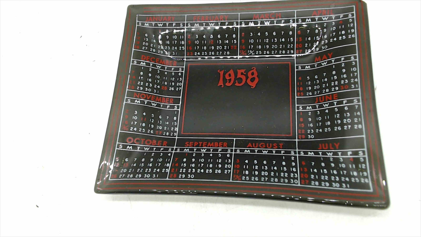 Vintage 1958 Glass Calendar Dish/Tray – Black & Red Mid-Century, 4" x 4.5"