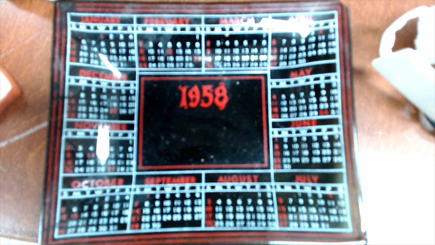 Vintage 1958 Glass Calendar Dish/Tray – Black & Red Mid-Century, 4" x 4.5"