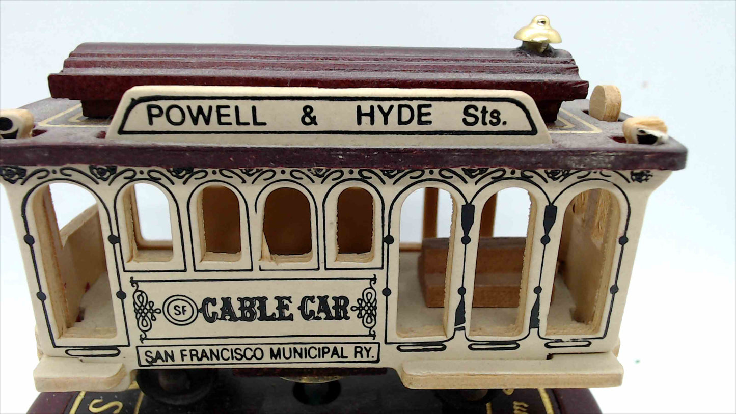Vintage San Francisco Cable Car Music Box – Powell & Hyde – Wood Base – Tested & Working – ~4.5" T x 4.5" W