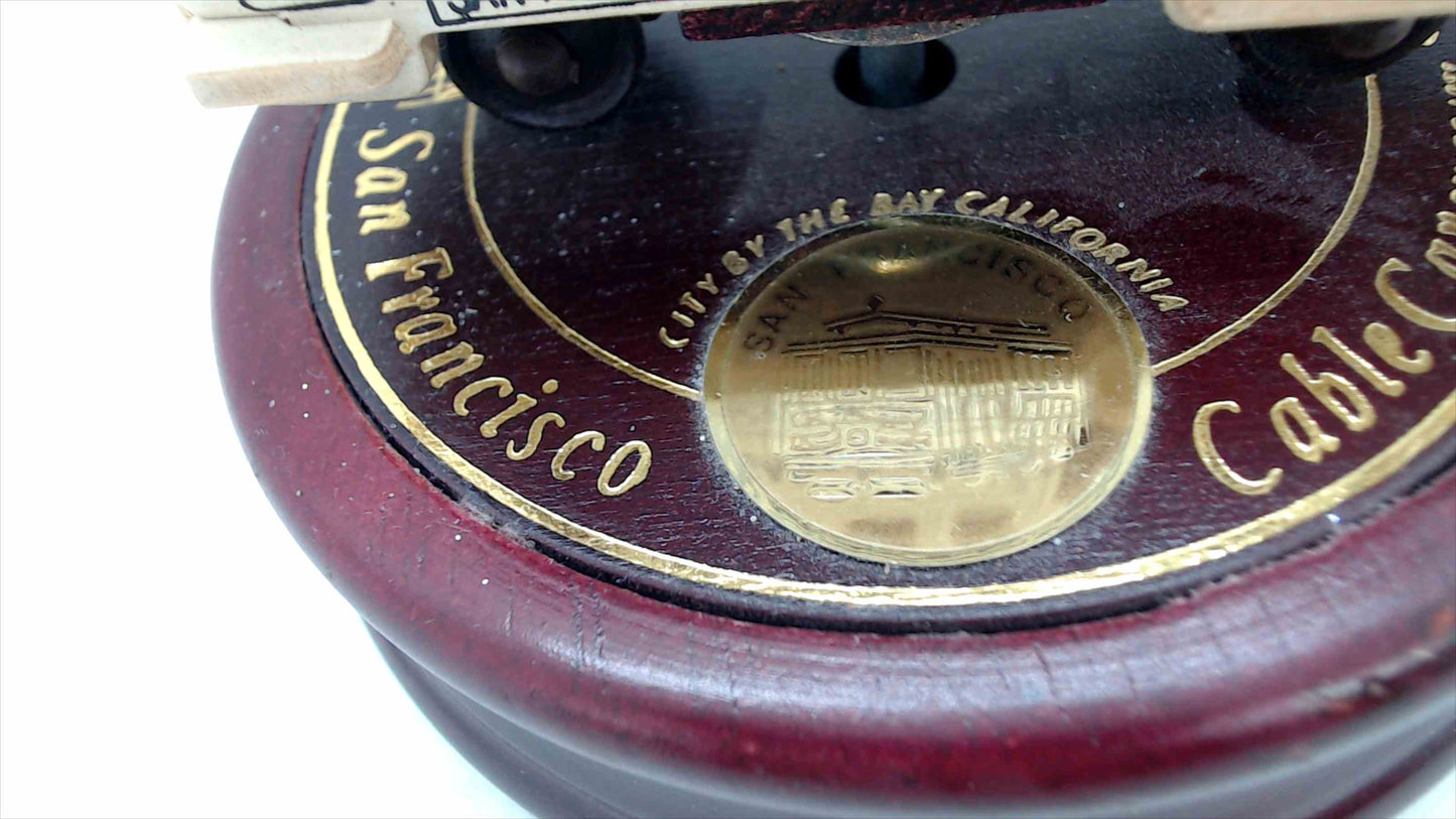 Vintage San Francisco Cable Car Music Box – Powell & Hyde – Wood Base – Tested & Working – ~4.5" T x 4.5" W