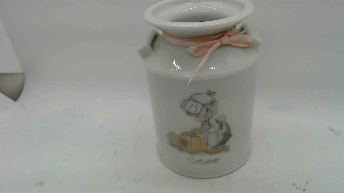 Precious Moments “October” Mini Milk Can Bud Vase – Enesco Japan (1988) – 4” Ceramic