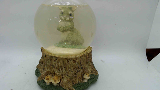 Woodland Bunny Musical Snow Globe on Tree Stump Base – 6" – Tested/Plays