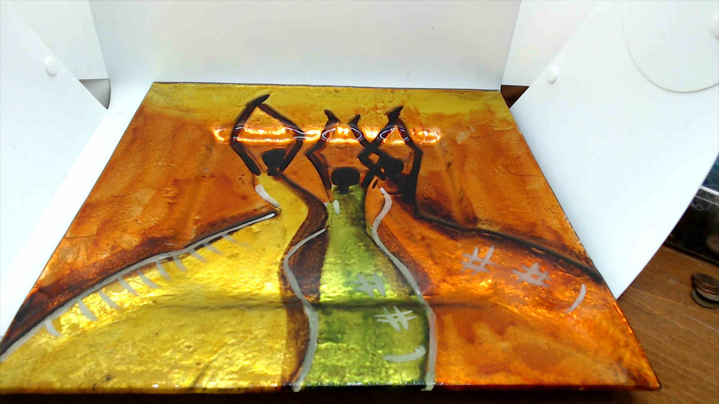 14" Fused Glass Art Plate – Trio of Dancers, Amber/Gold & Green, Raised Relief Wall/Table Decor