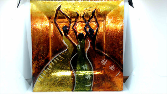 14" Fused Glass Art Plate – Trio of Dancers, Amber/Gold & Green, Raised Relief Wall/Table Decor