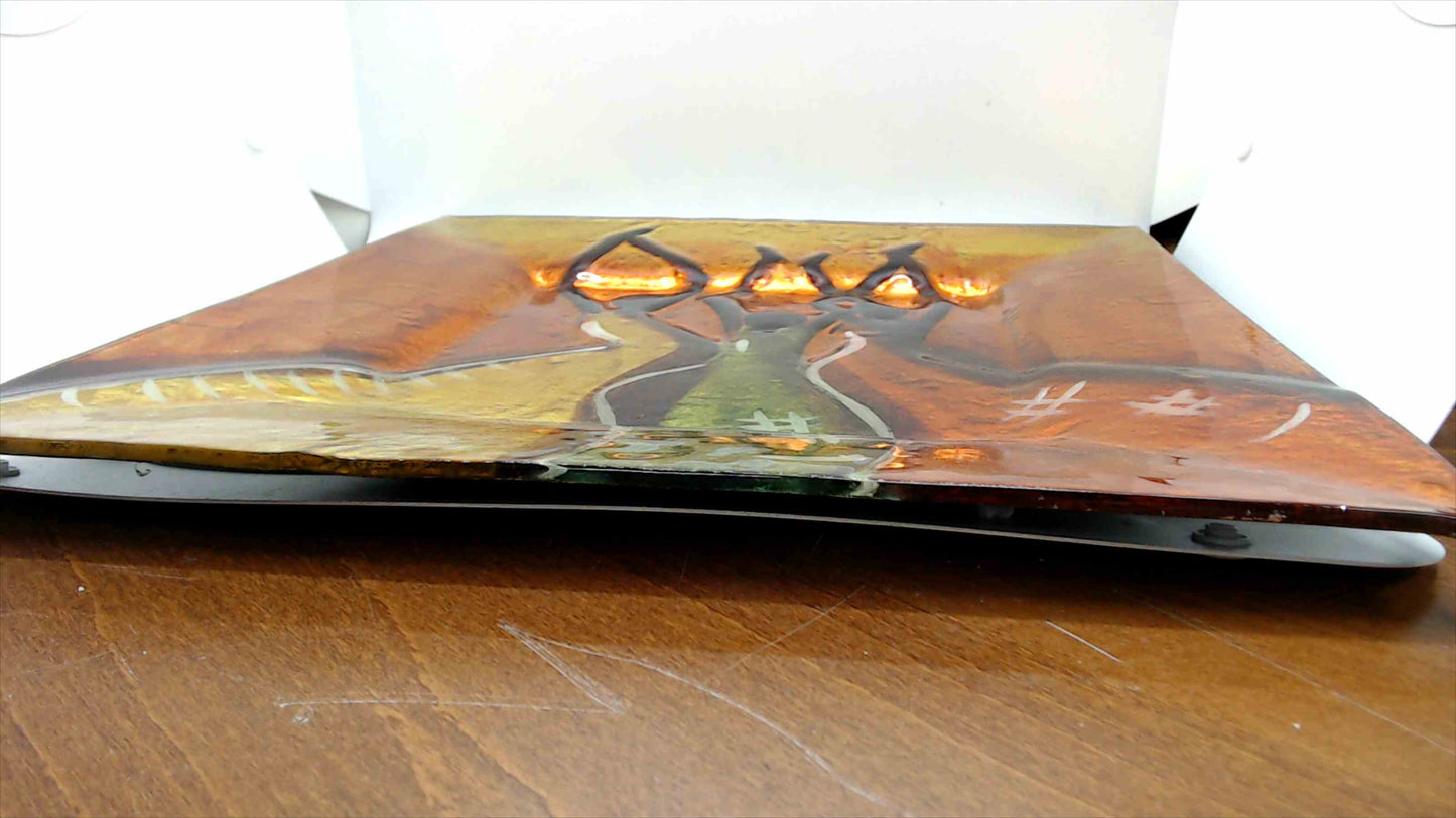14" Fused Glass Art Plate – Trio of Dancers, Amber/Gold & Green, Raised Relief Wall/Table Decor