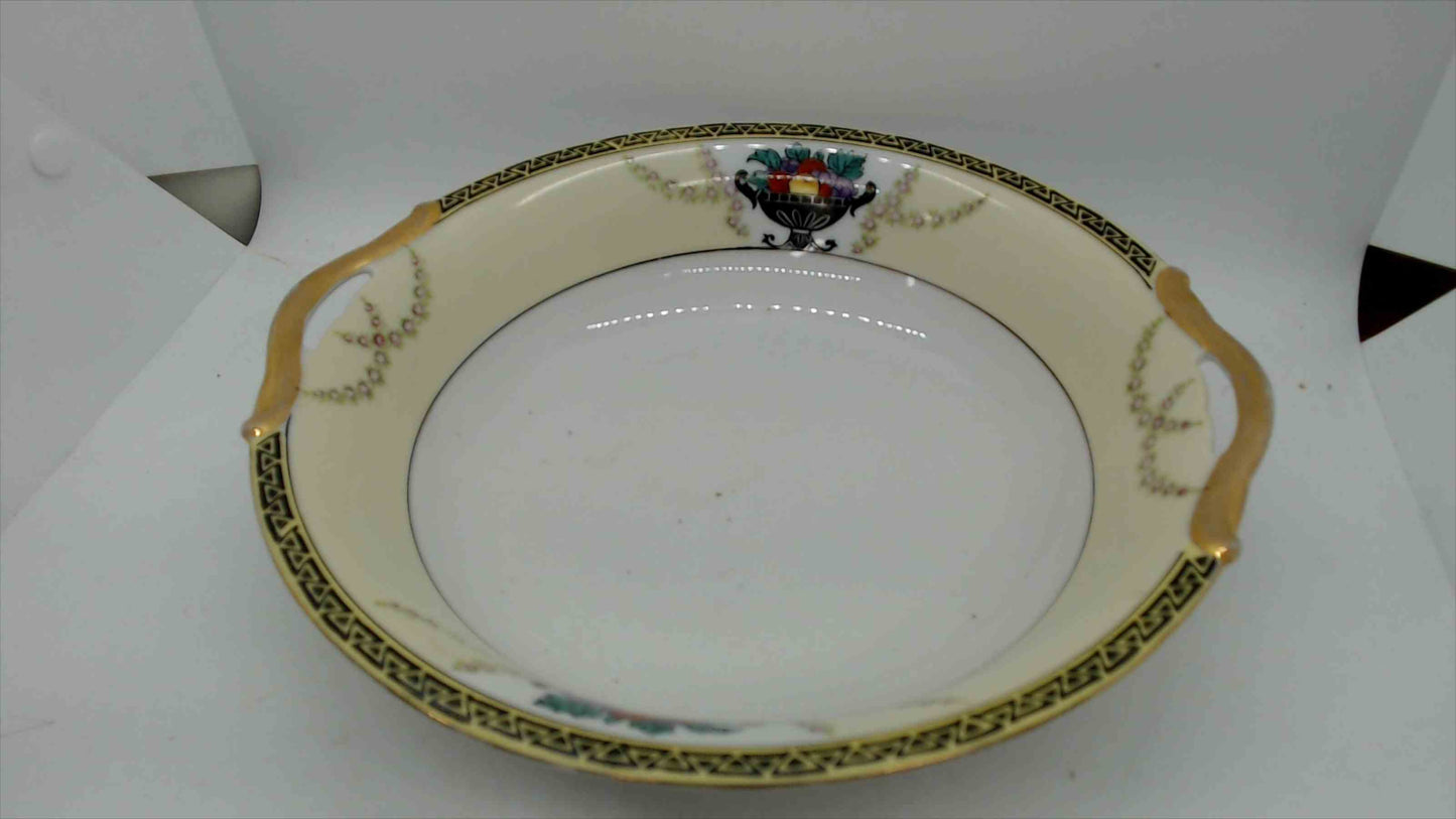 Noritake Hand-Painted Double-Handle Serving Bowl, Fruit Basket & Floral Swags, 9.5" – Japan (M-in-Wreath)
