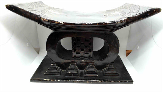 Vintage African-Style Cast Stool / Headrest – Black Tribal Motif – 15" x 9" x 8"