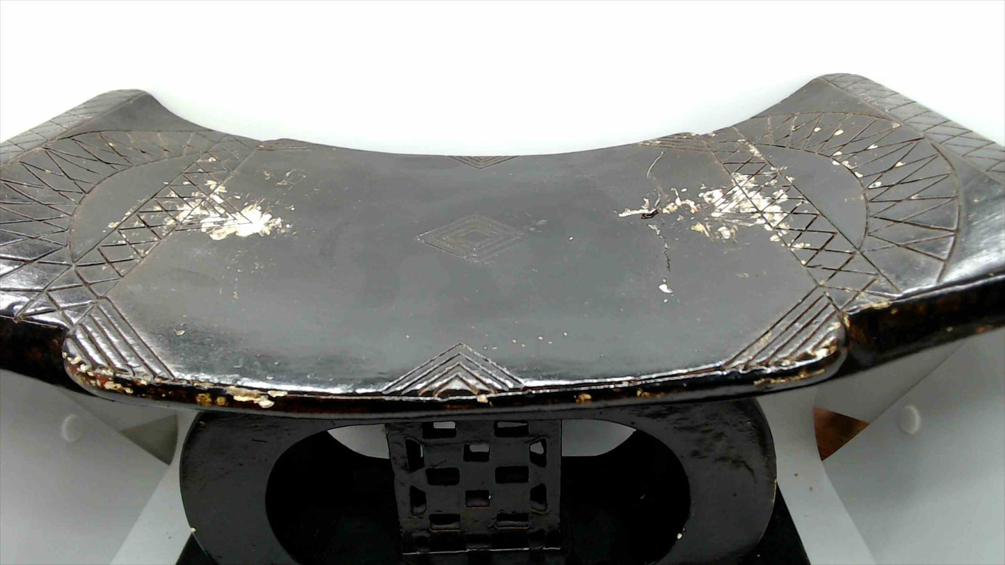 Vintage African-Style Cast Stool / Headrest – Black Tribal Motif – 15" x 9" x 8"
