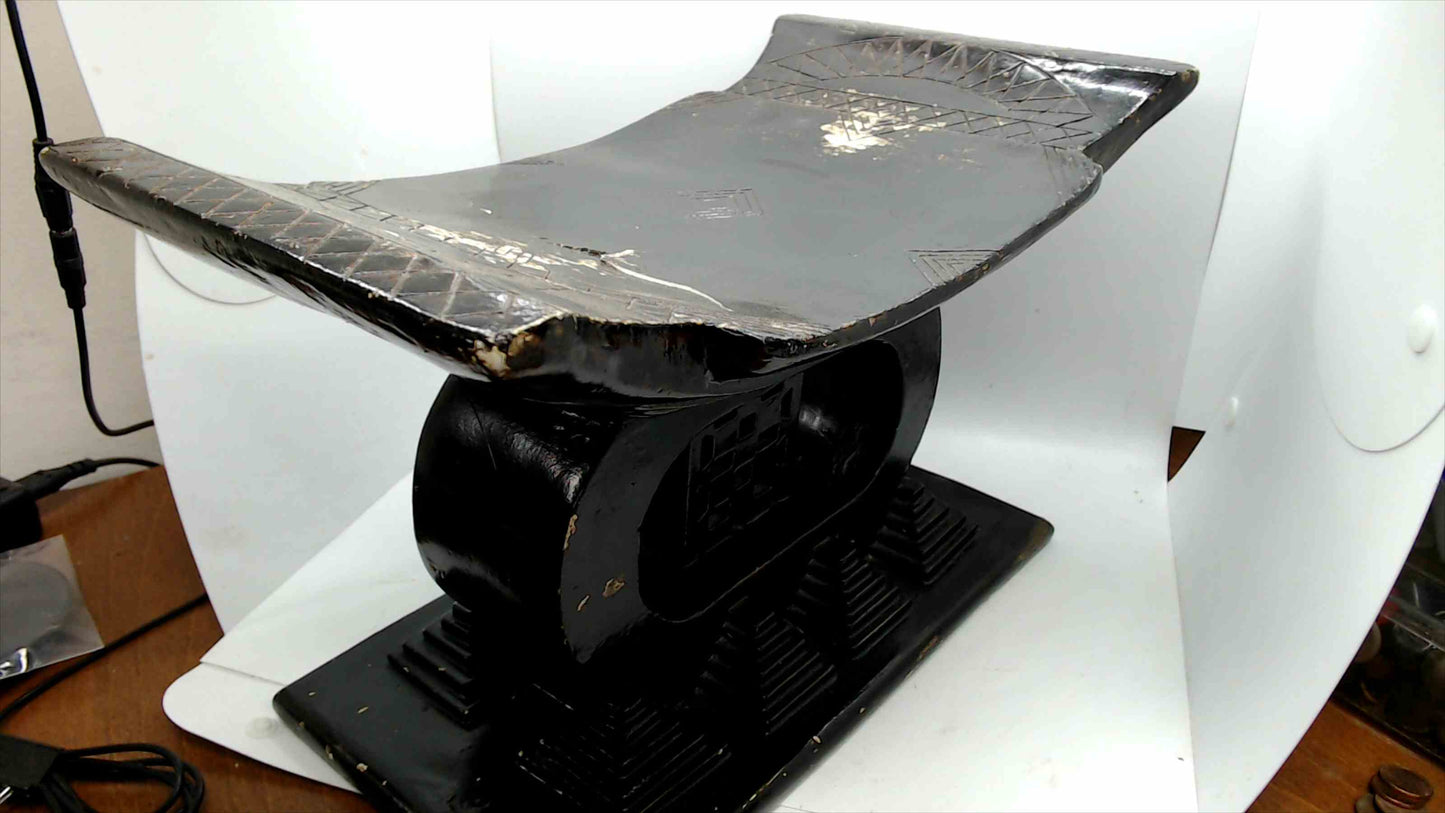 Vintage African-Style Cast Stool / Headrest – Black Tribal Motif – 15" x 9" x 8"