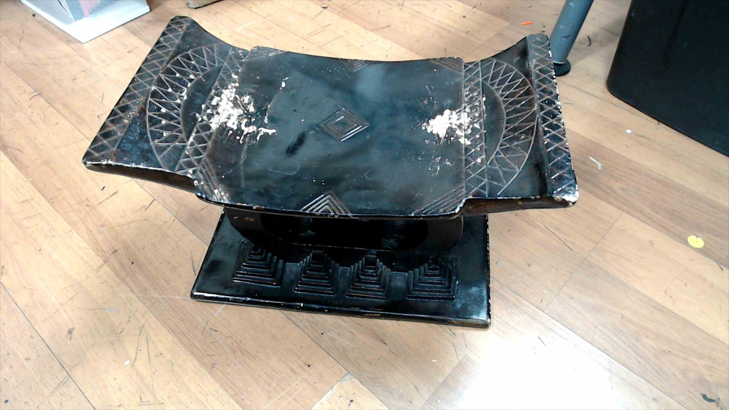 Vintage African-Style Cast Stool / Headrest – Black Tribal Motif – 15" x 9" x 8"