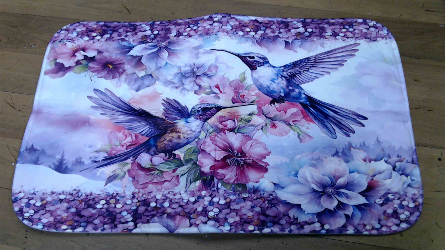 Hummingbird & Floral Bathroom Decor Set – 3 Rugs, Shower Curtain, Hooks & Gold Bird Accents – New