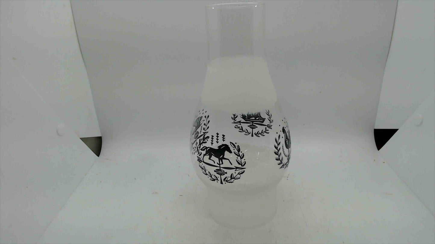 Vintage 8.5" Frosted Glass Hurricane Lamp Shade – Black Weathervane Rooster, Horse & Ship Design