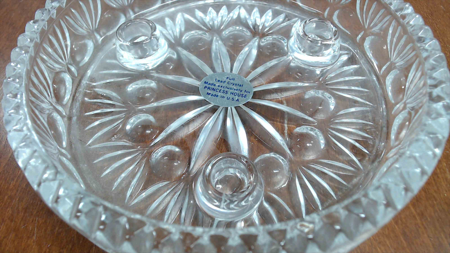 Princess House Full Lead Crystal 3-Candle Holder Dish 6" Round USA