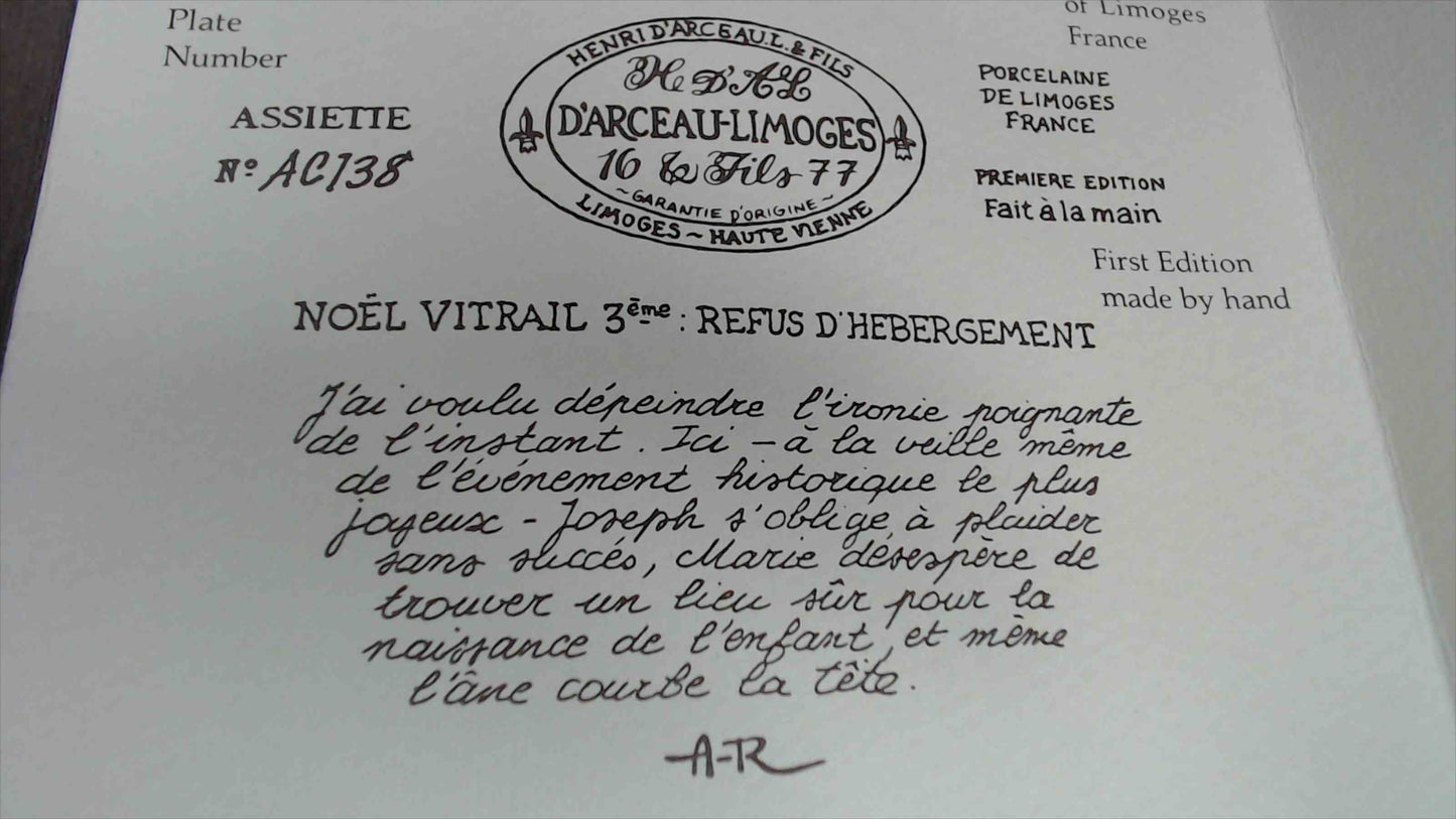 Henri d’Arceau Limoges “Noël Vitrail 3ème – Refus d’Hébergement / No Room at the Inn” Collector Plate w/ Paperwork 1977