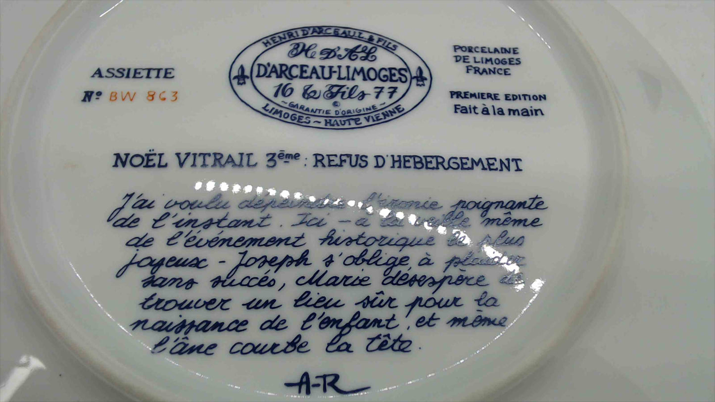 Henri d’Arceau Limoges “Noël Vitrail 3ème – Refus d’Hébergement / No Room at the Inn” Collector Plate w/ Paperwork 1977