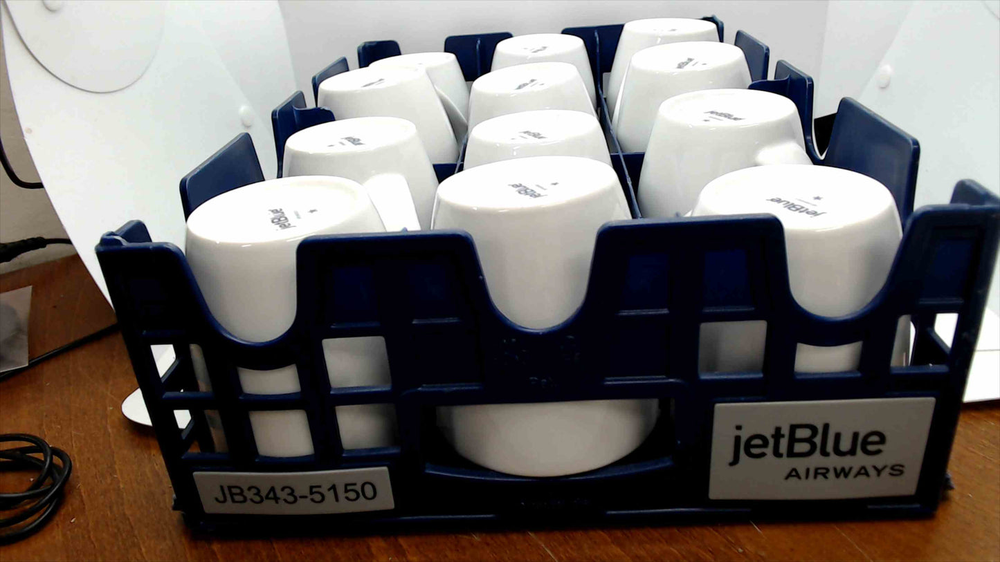 JetBlue Airways Ceramic Coffee Mugs – Set of 12 w/ Original Airline Storage Rack (Model JBSW0003)