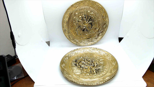 Vintage Embossed Brass Wall Plates – Tavern Scene Pair – 10" Decorative Hanging Plates