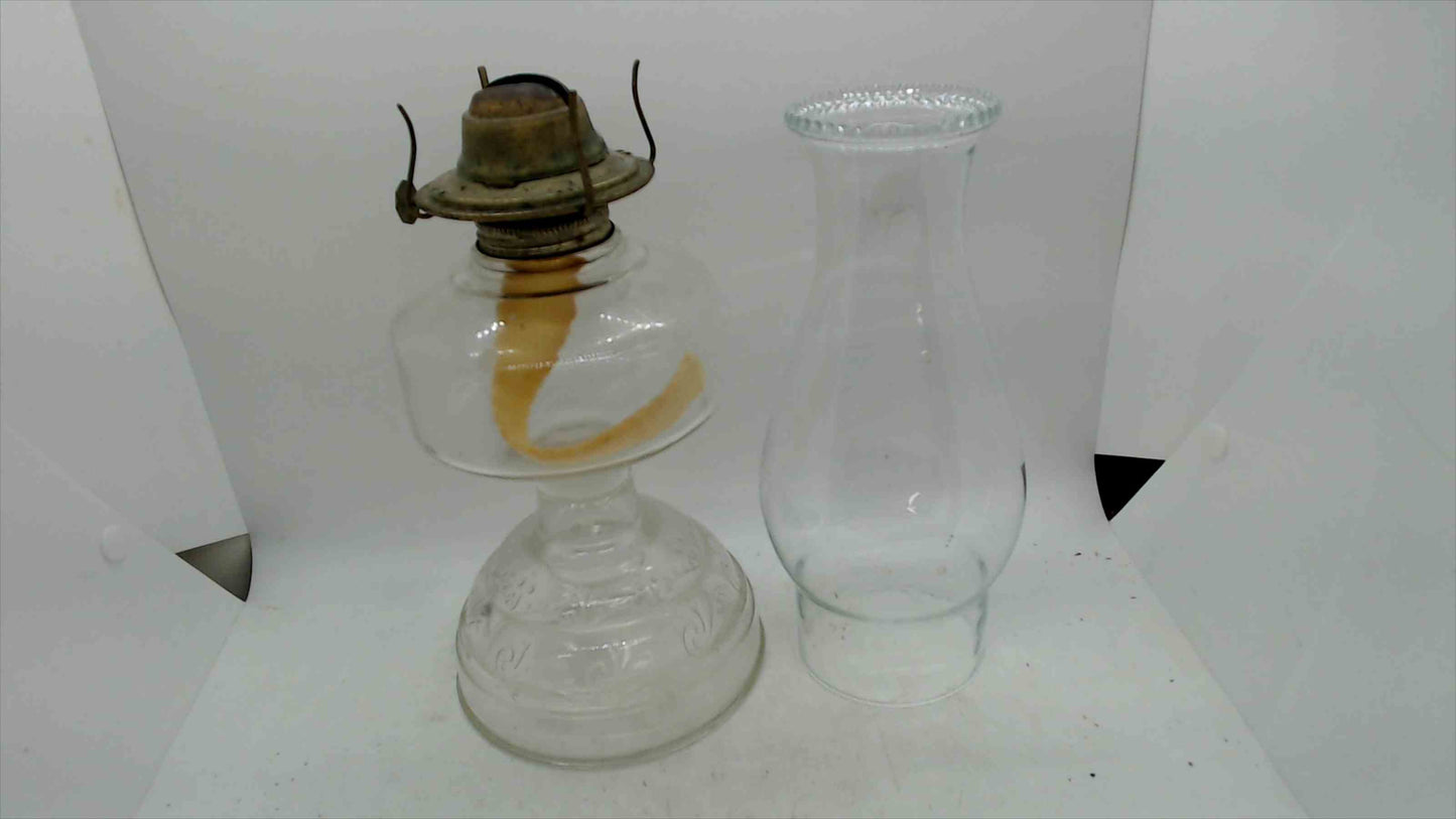 Vintage Clear Glass Oil Lamp w/ Embossed Base & Chimney – 16.5" Tall