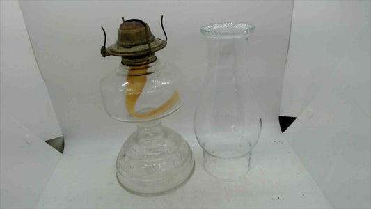 Vintage Clear Glass Oil Lamp w/ Embossed Base & Chimney – 16.5" Tall
