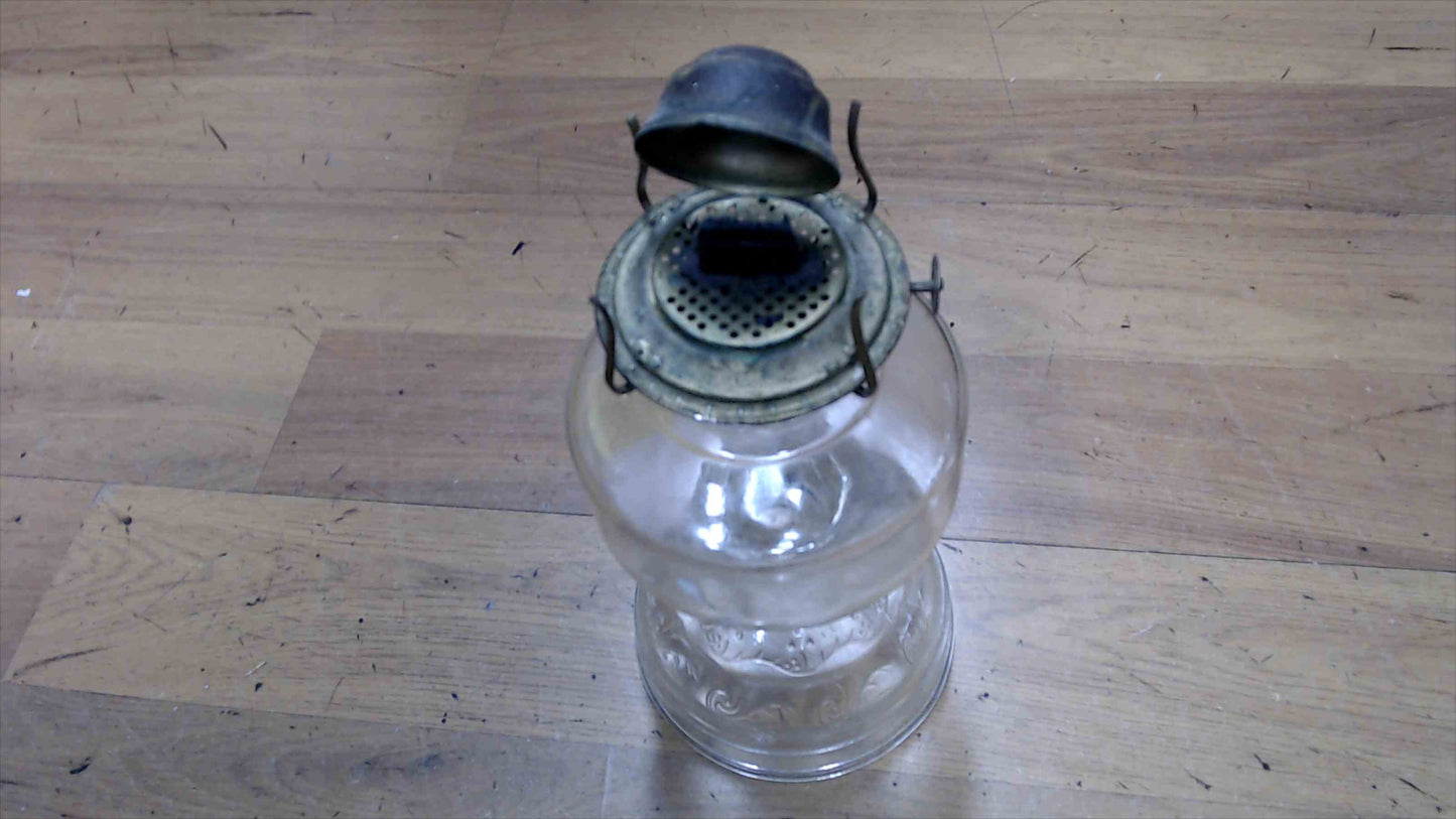 Vintage Clear Glass Oil Lamp w/ Embossed Base & Chimney – 16.5" Tall