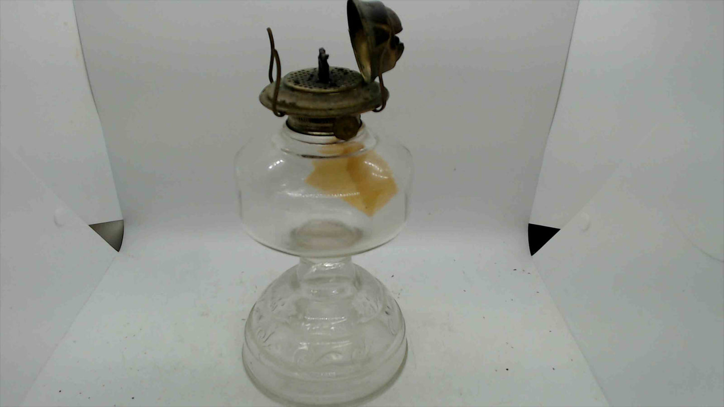 Vintage Clear Glass Oil Lamp w/ Embossed Base & Chimney – 16.5" Tall