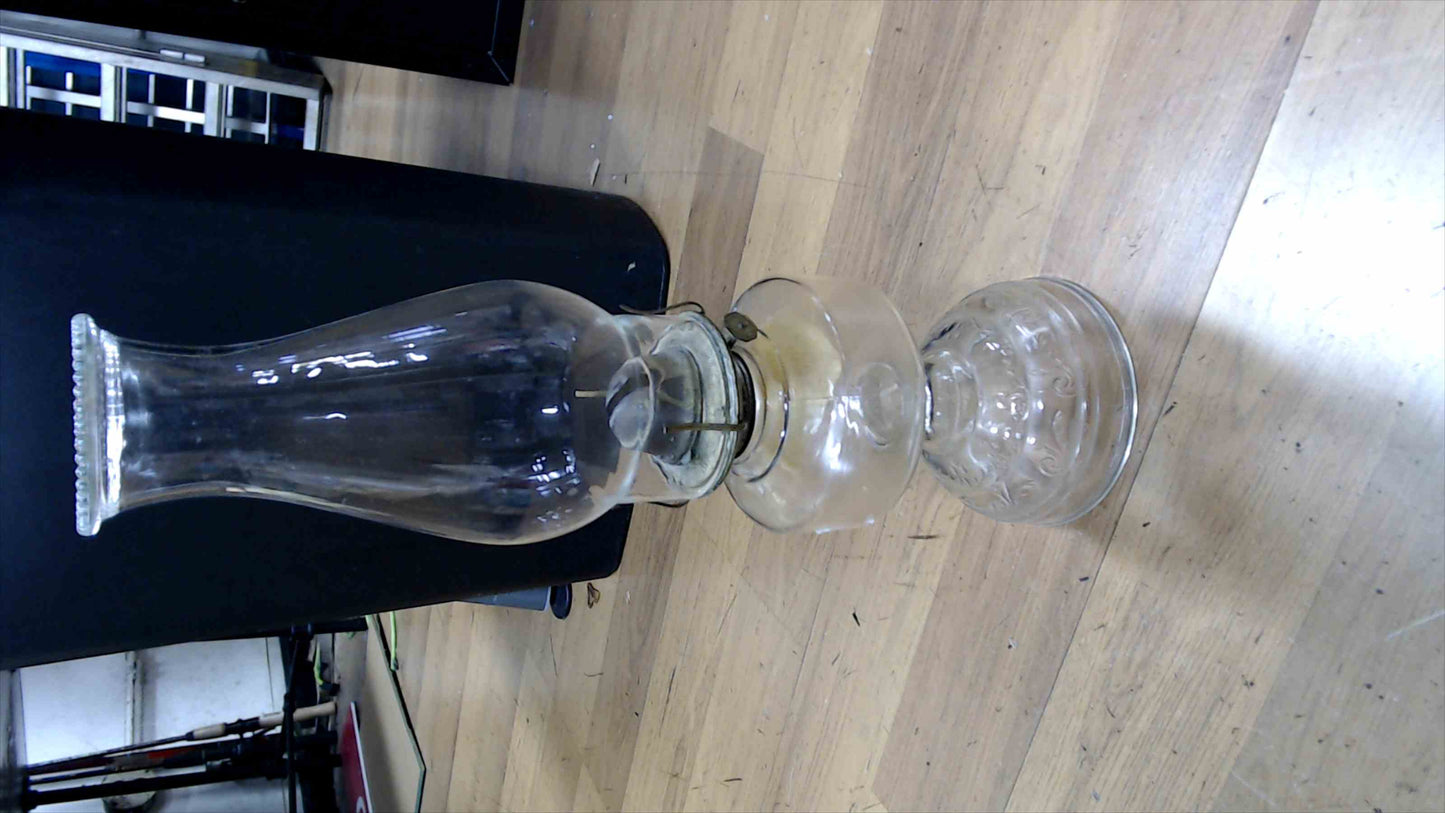 Vintage Clear Glass Oil Lamp w/ Embossed Base & Chimney – 16.5" Tall