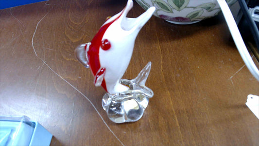 Mikasa Crystal Dolphin Figurine – Red & White Art Glass, 7” Tall