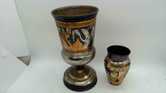 Vintage Egyptian Revival Metal Vases – Hand-Painted Gold & Silver Tone Pair, 7" & 3.5"
