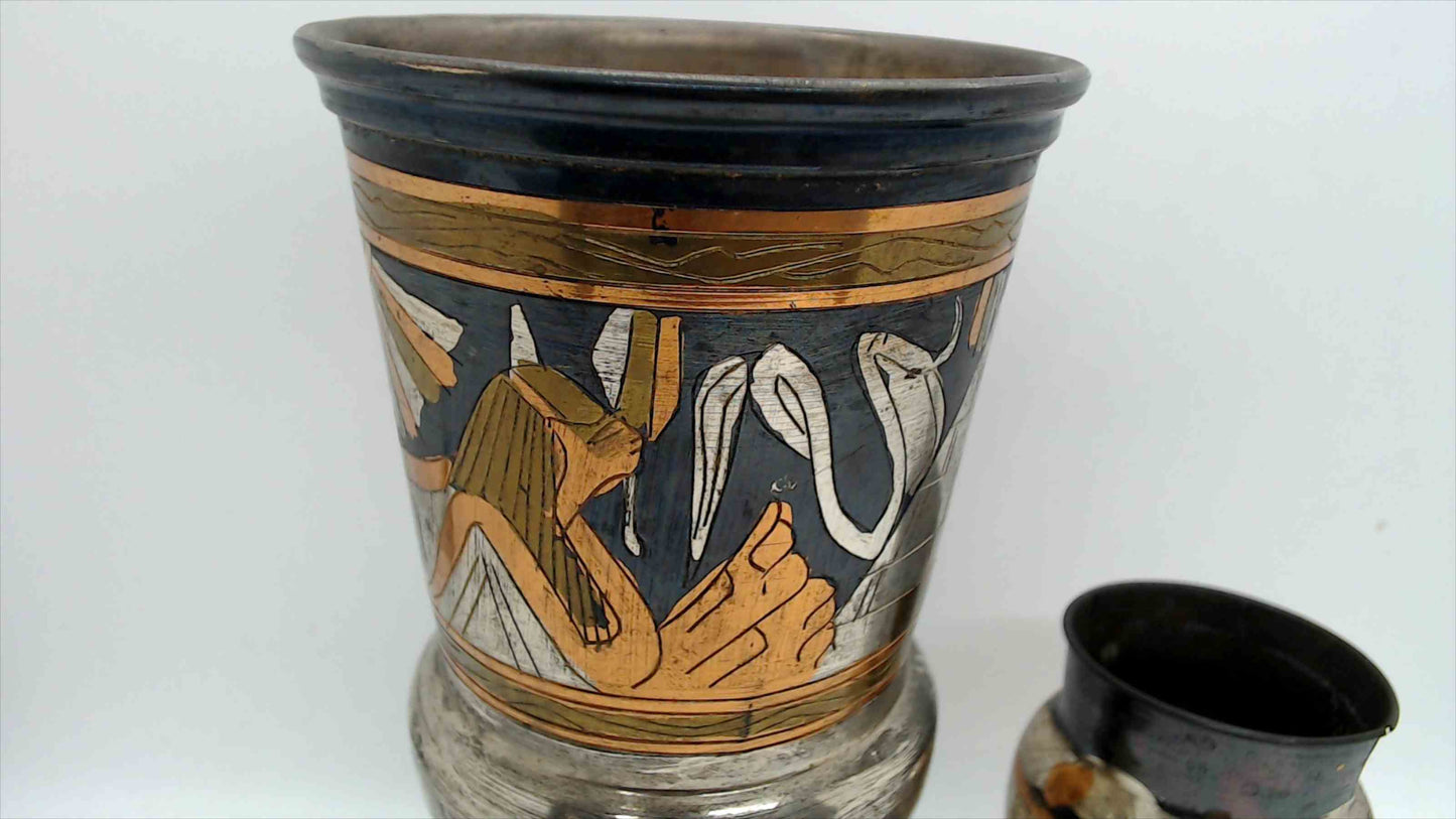 Vintage Egyptian Revival Metal Vases – Hand-Painted Gold & Silver Tone Pair, 7" & 3.5"
