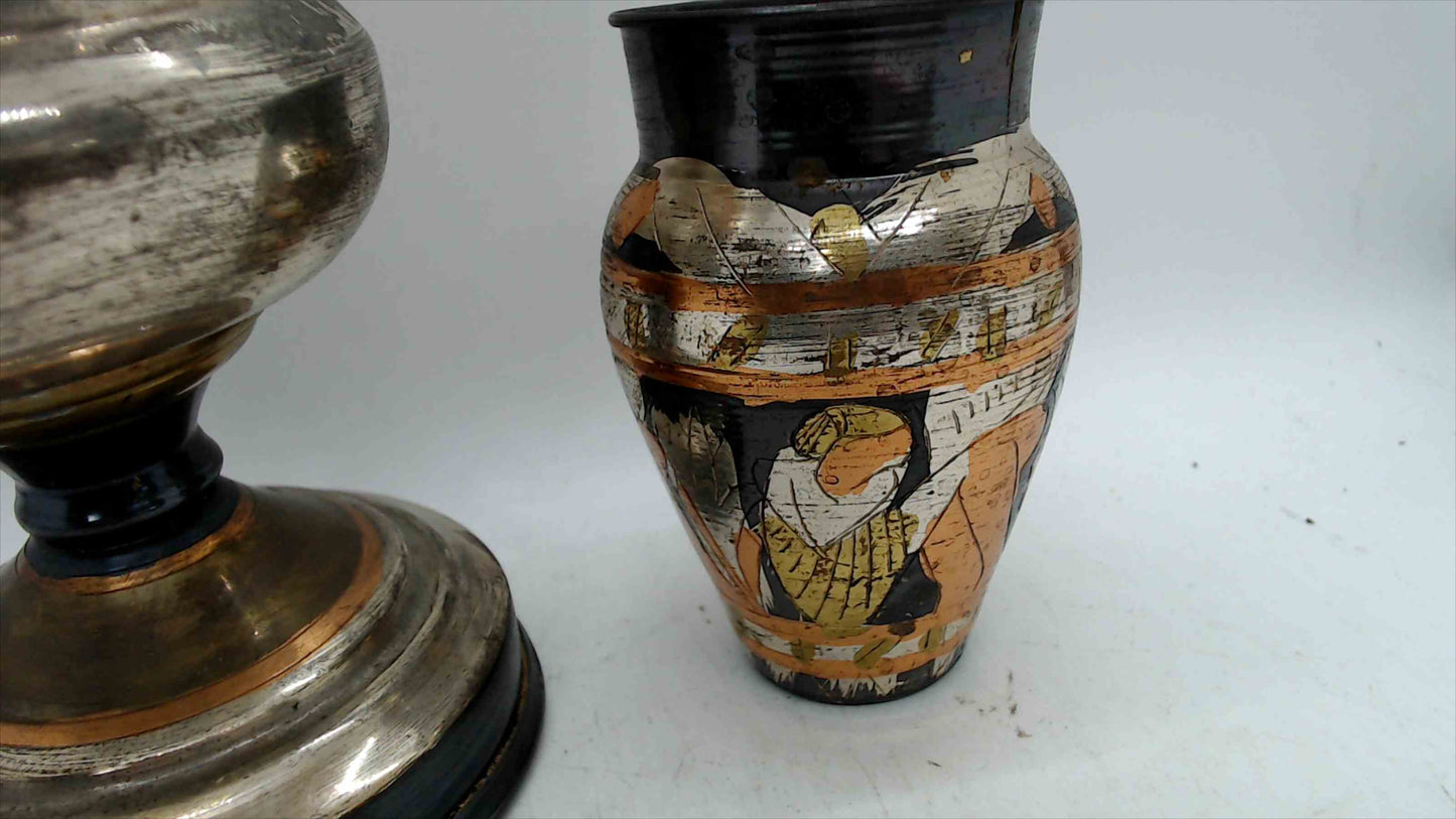 Vintage Egyptian Revival Metal Vases – Hand-Painted Gold & Silver Tone Pair, 7" & 3.5"