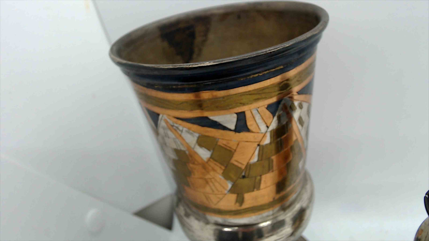 Vintage Egyptian Revival Metal Vases – Hand-Painted Gold & Silver Tone Pair, 7" & 3.5"