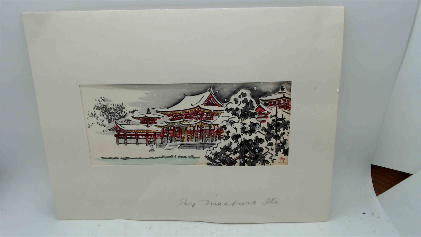 Masaburo Ito Style Japanese Temple Winter Scene Woodblock Print – Matted Art 10” x 7”