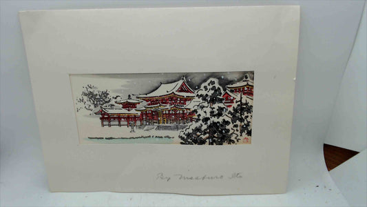 Masaburo Ito Style Japanese Temple Winter Scene Woodblock Print – Matted Art 10” x 7”