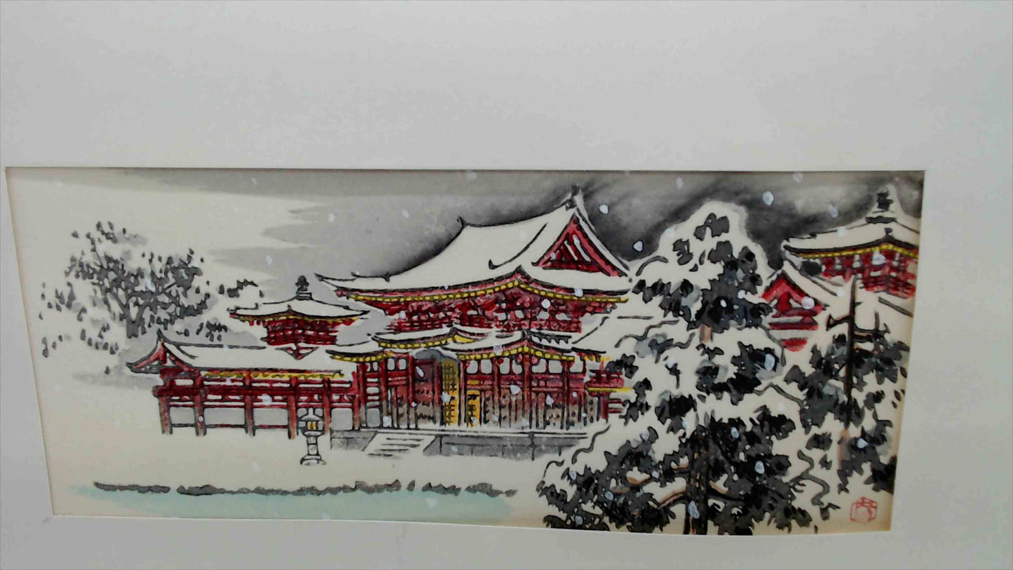 Masaburo Ito Style Japanese Temple Winter Scene Woodblock Print – Matted Art 10” x 7”