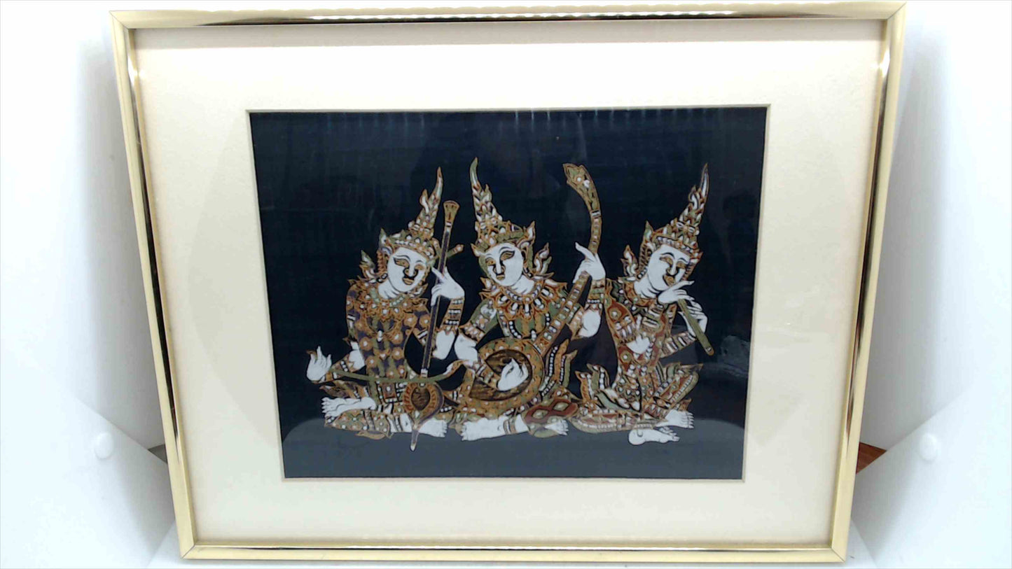 Framed Thai / Southeast Asian Traditional Dancers Textile Art – Woven Cloth Panel – 11” x 14”