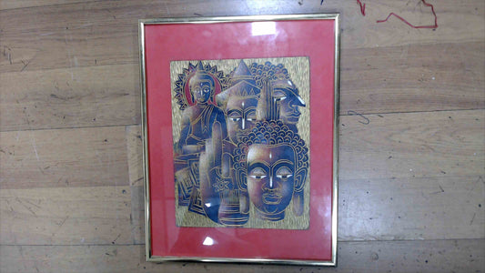Framed Carved Wood Buddha Faces Wall Art – Gold & Red Tones – 11" x 14"