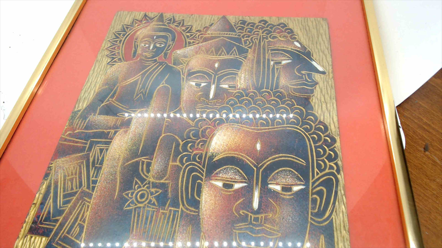 Framed Carved Wood Buddha Faces Wall Art – Gold & Red Tones – 11" x 14"