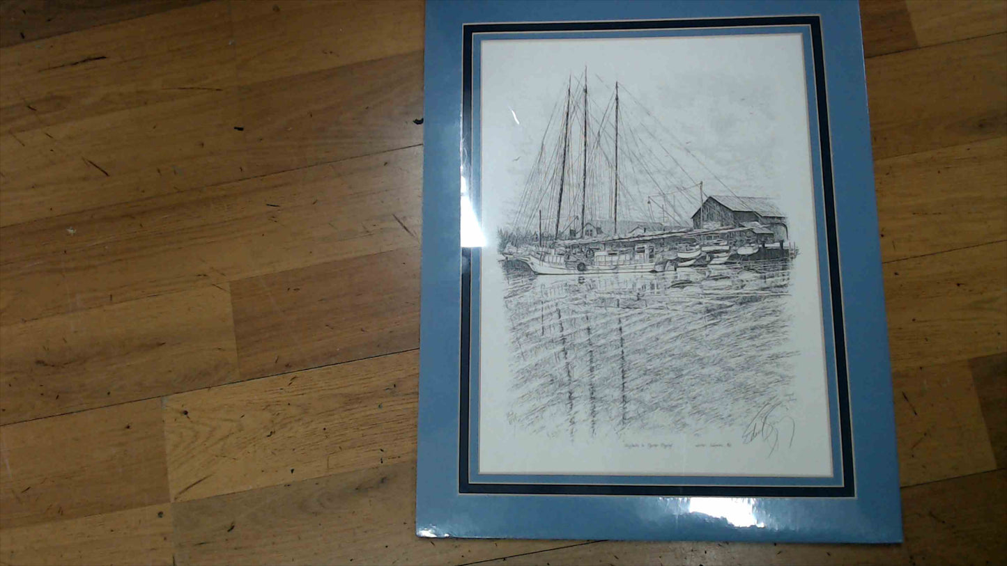Vintage Limited Edition Pen & Ink Print – Skipjacks in Oyster Rigging – Edmund S. Spinney – Solomons, Maryland