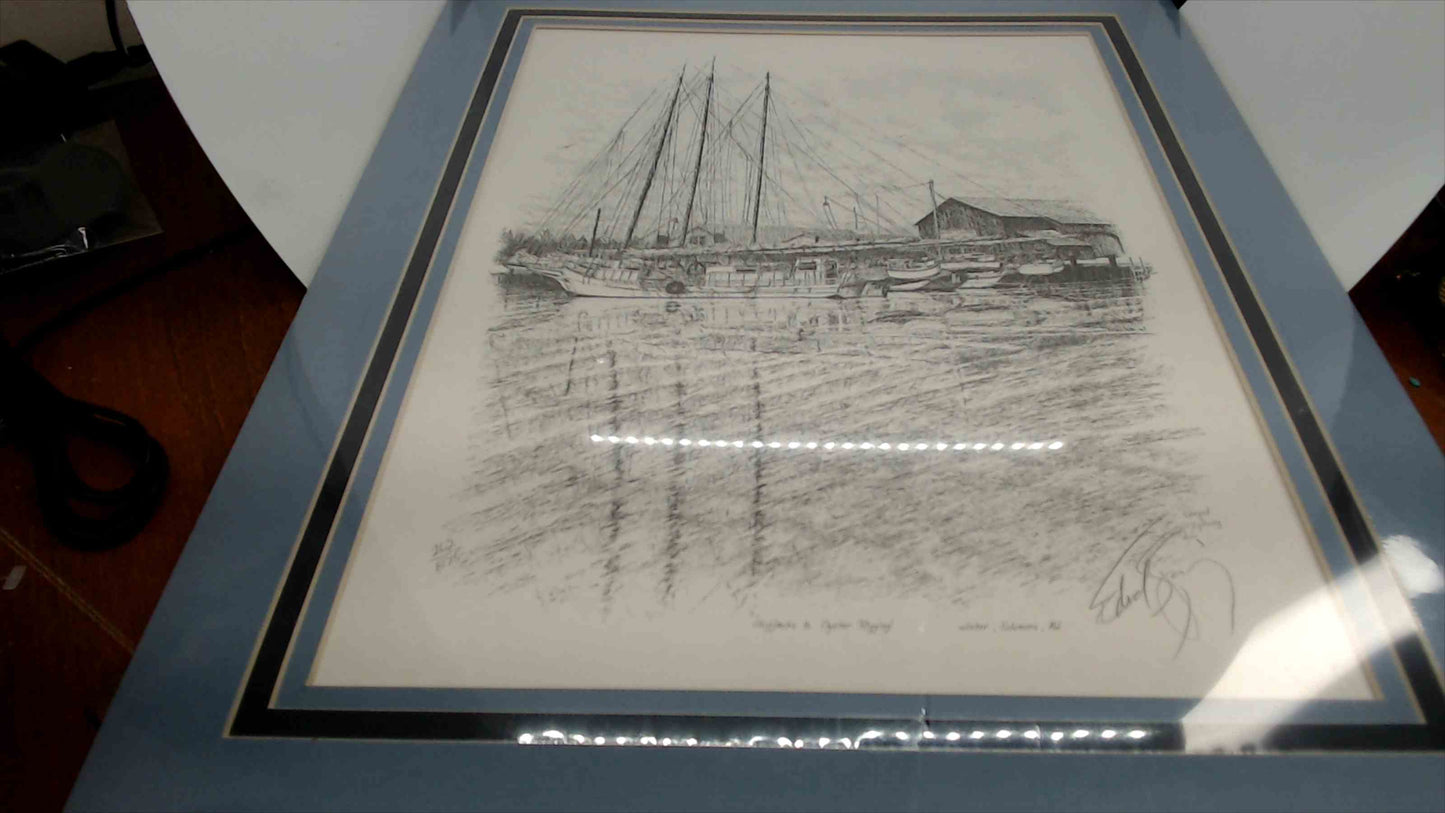 Vintage Limited Edition Pen & Ink Print – Skipjacks in Oyster Rigging – Edmund S. Spinney – Solomons, Maryland