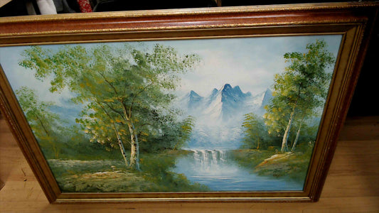 Large Original Mountain Landscape Oil Painting – Waterfall Scene in Ornate Gold Frame (29” x 41”)