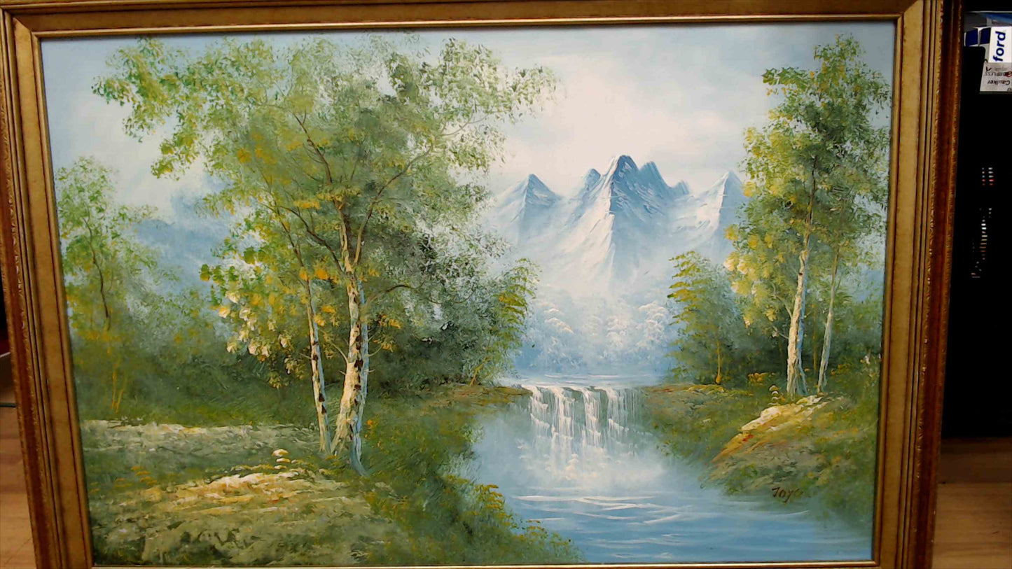 Large Original Mountain Landscape Oil Painting – Waterfall Scene in Ornate Gold Frame (29” x 41”)