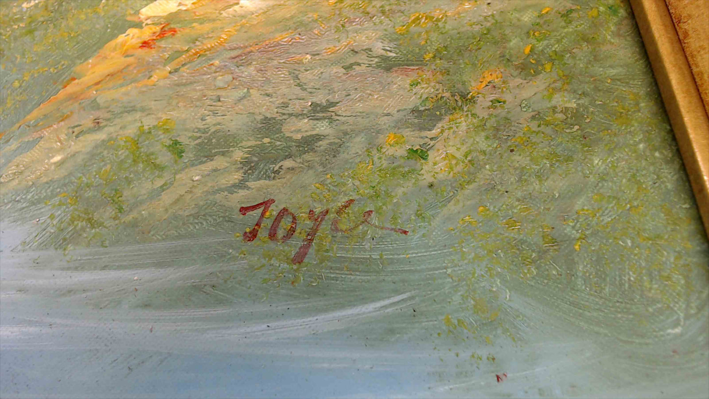 Large Original Mountain Landscape Oil Painting – Waterfall Scene in Ornate Gold Frame (29” x 41”)