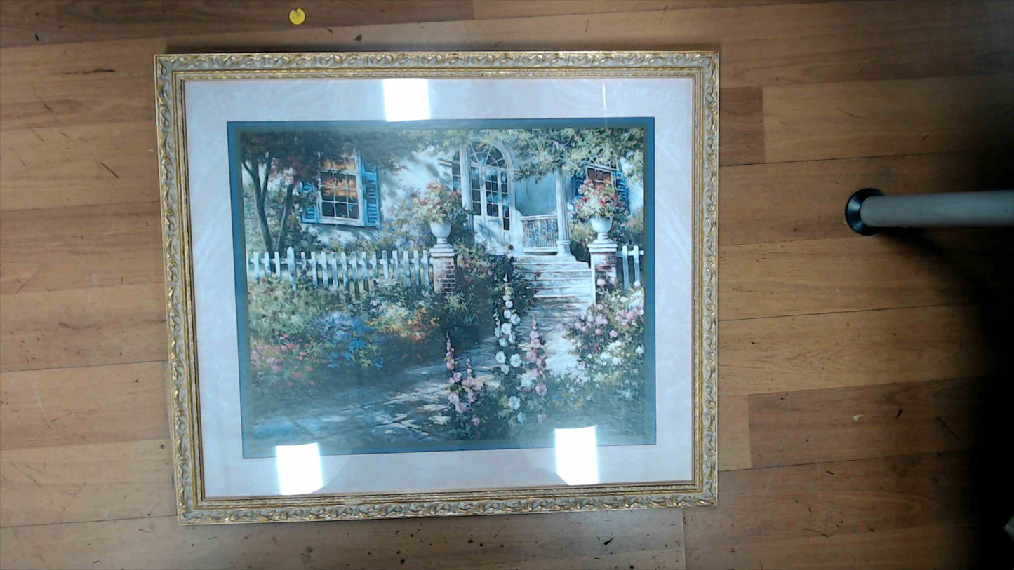 Vintage Cottage Garden Print – Framed Floral House Landscape – 22x26