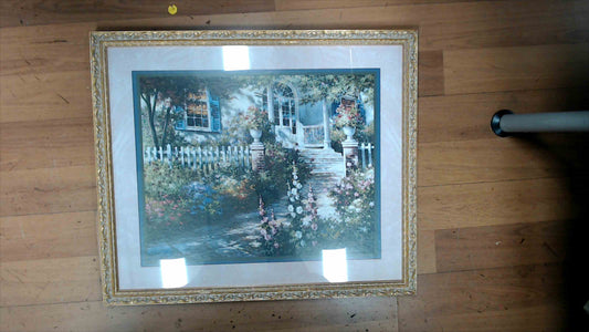 Vintage Cottage Garden Print – Framed Floral House Landscape – 22x26