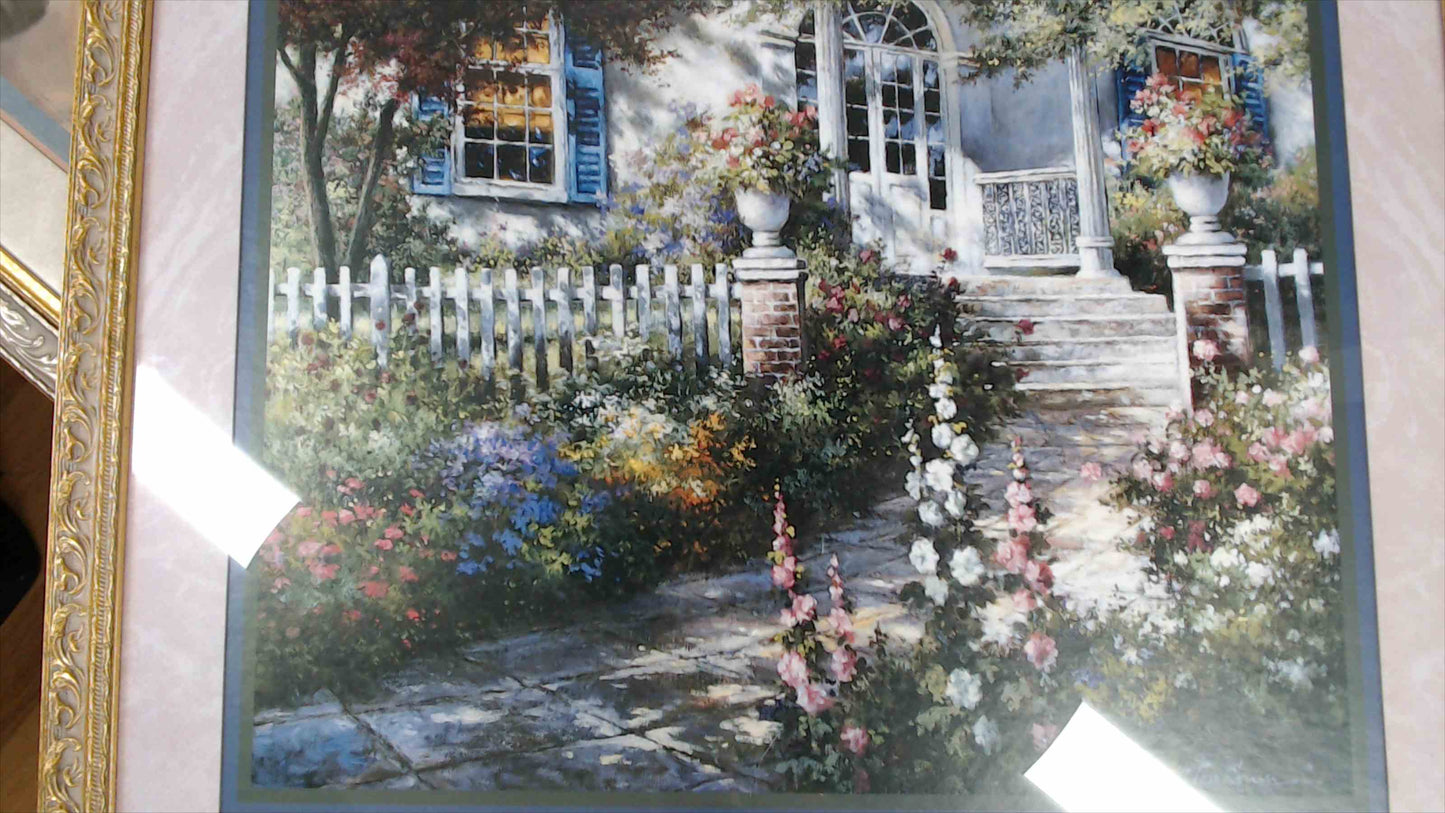 Vintage Cottage Garden Print – Framed Floral House Landscape – 22x26